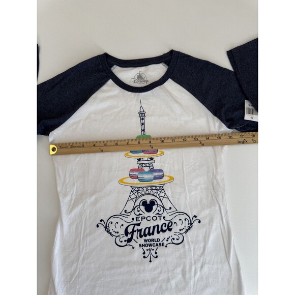 Disney Epcot France Macaron Eiffel Tower Raglan T Shirt White Grey Gray SZ S NWT - Picture 3 of 7